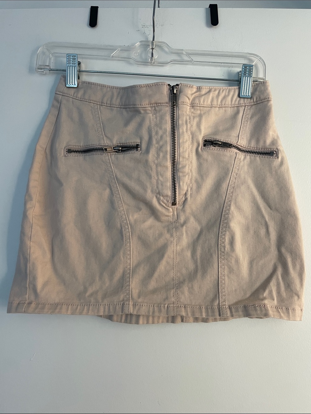 Neutral light pink/Beige Zip-Front Mini Skirt with Zip Pocket Accents
